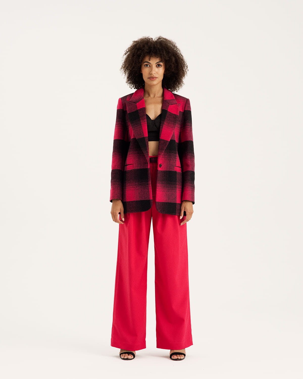 Wool plaid jacket with belt in hot pink