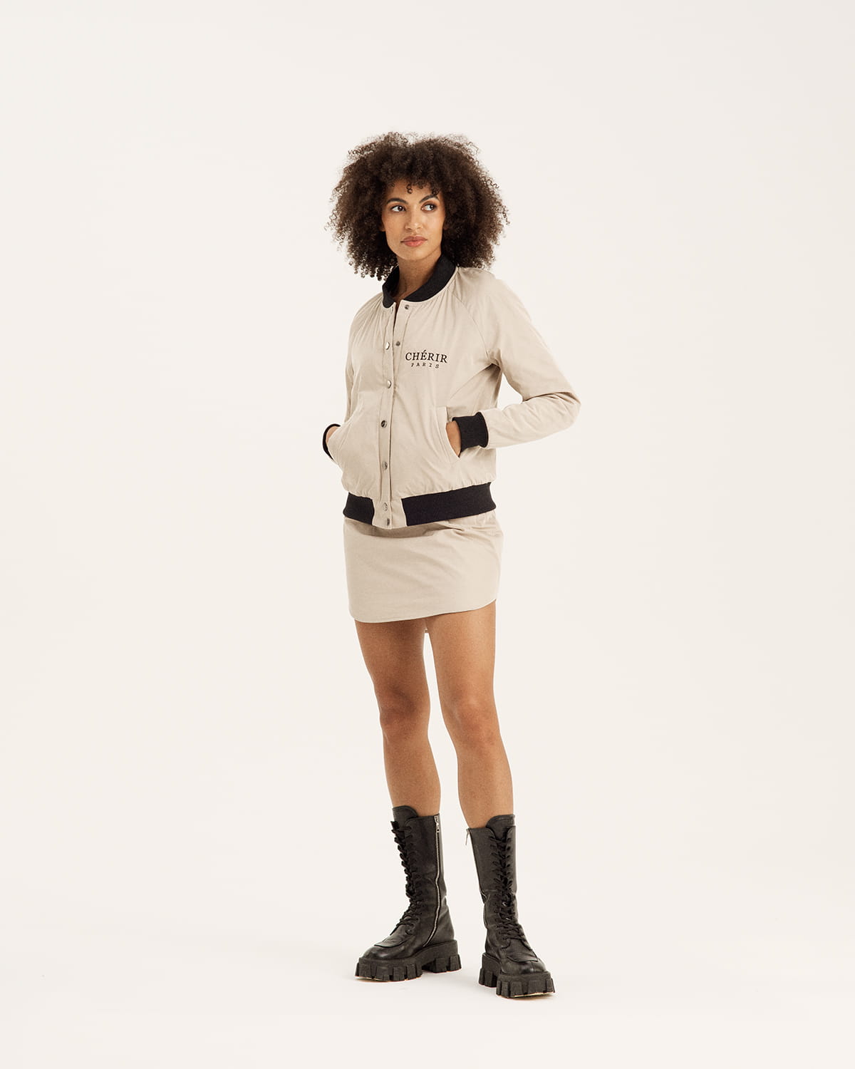 Beige insulated bomber jacket