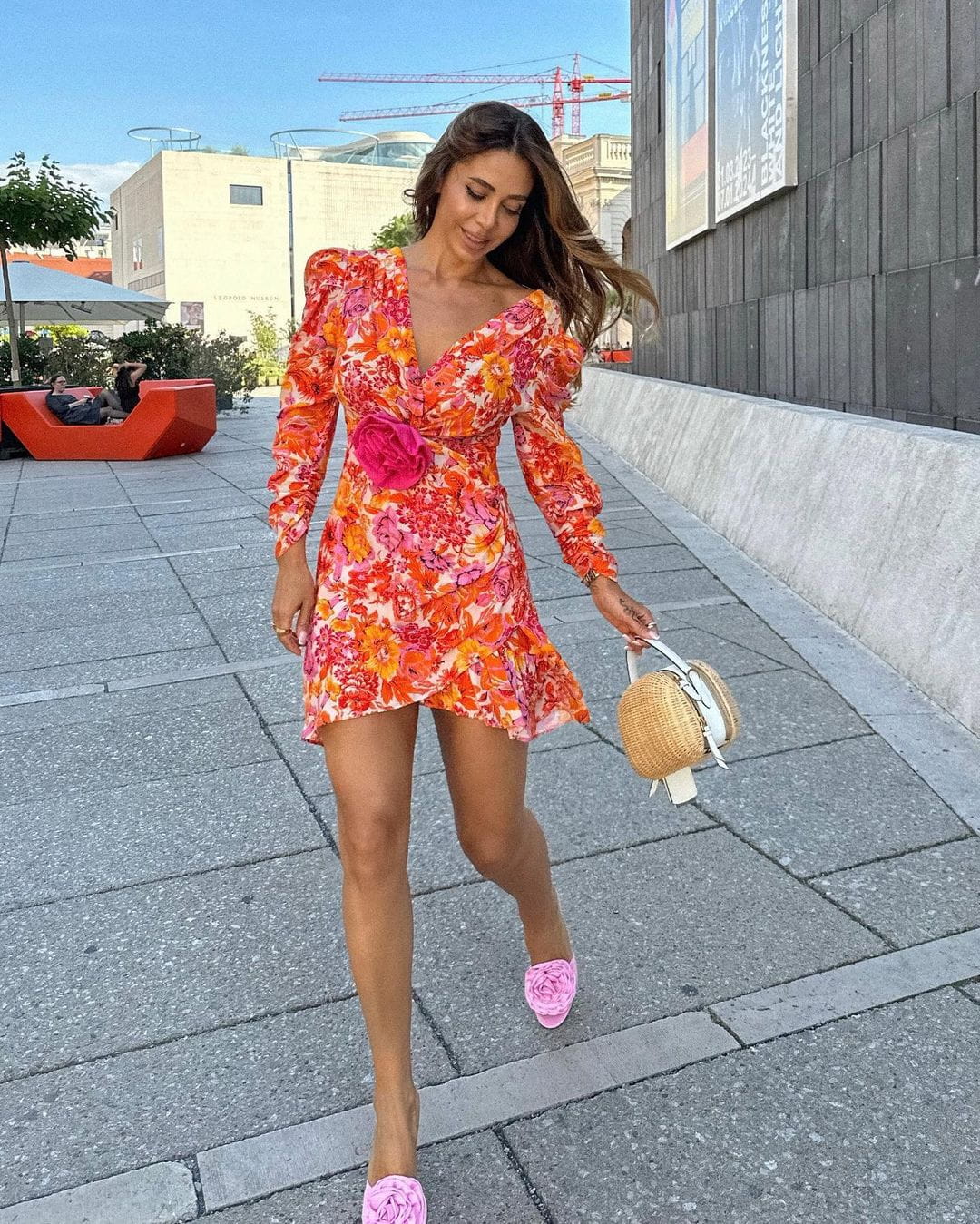 Mini dress in orange floral print with 3D rose 