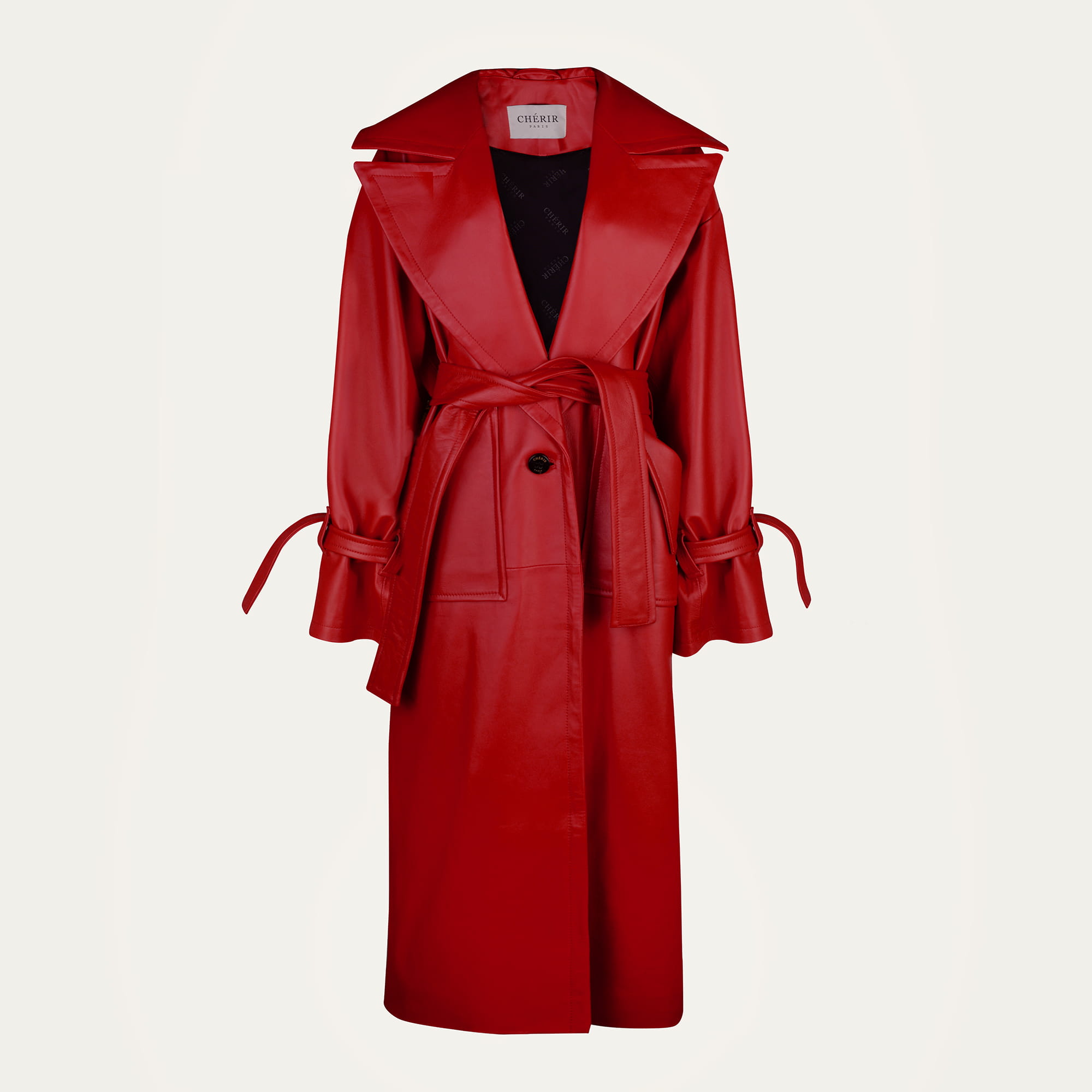 Natural leather maxi coat in red